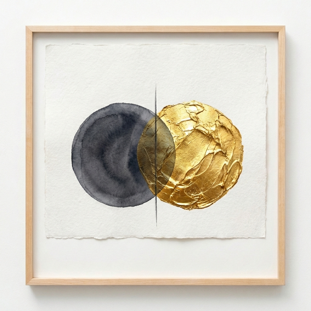 A minimalist abstract painting showing two overlapping watercolor circles representing an audit of identity and path