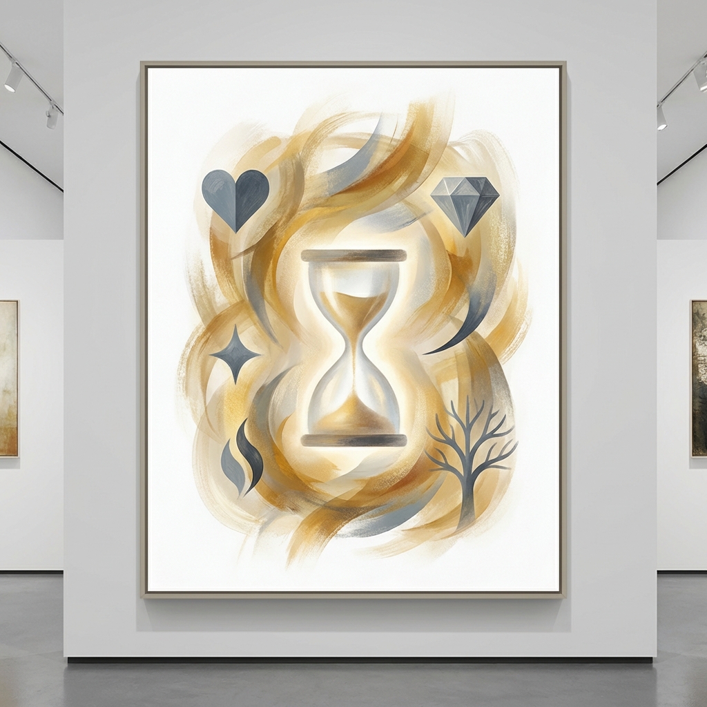 An abstract painting representing the formula: Time x Self-Knowledge x Resources = Value