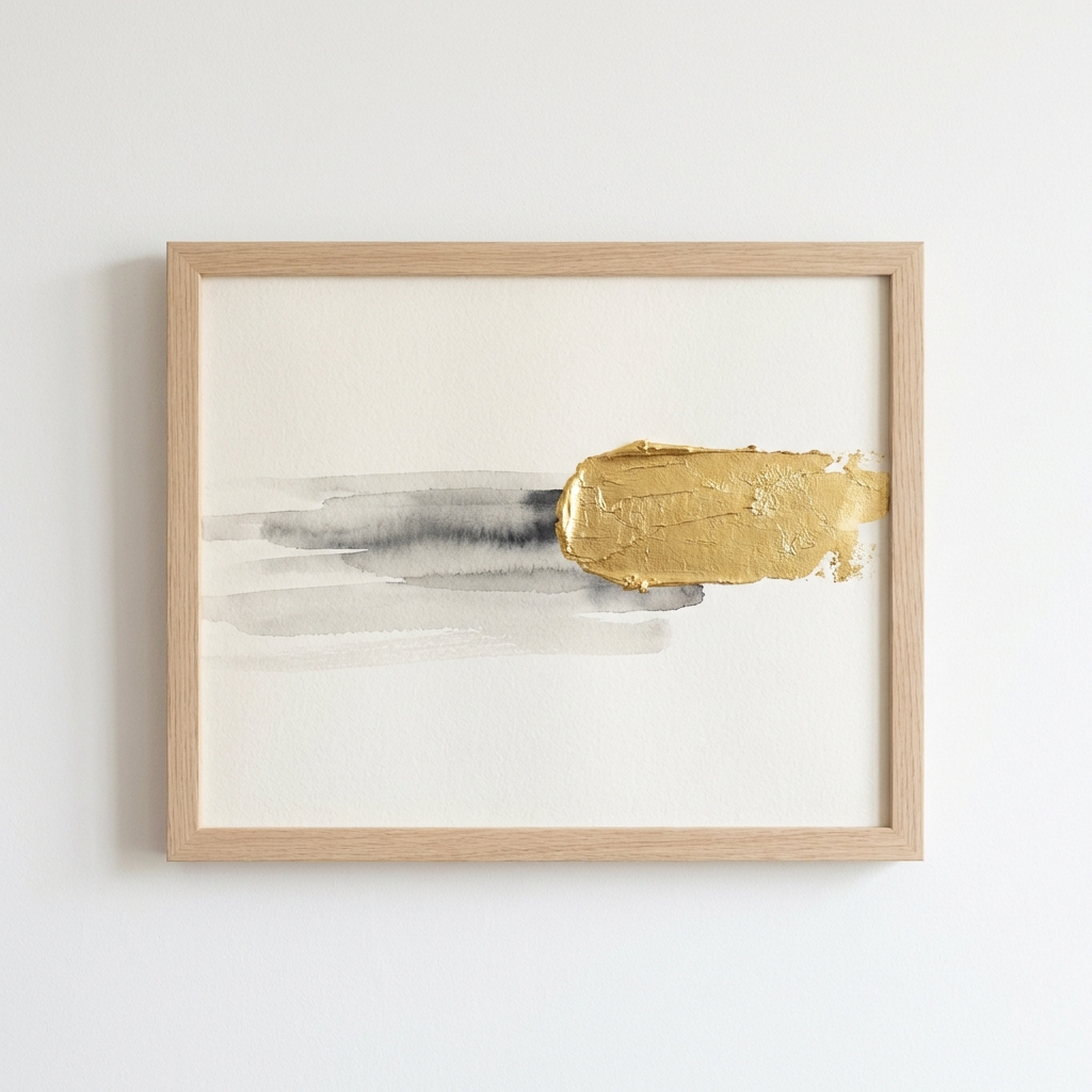 A minimalist abstract painting showing a bold golden stroke moving forward, representing intentional action and minimizing regret