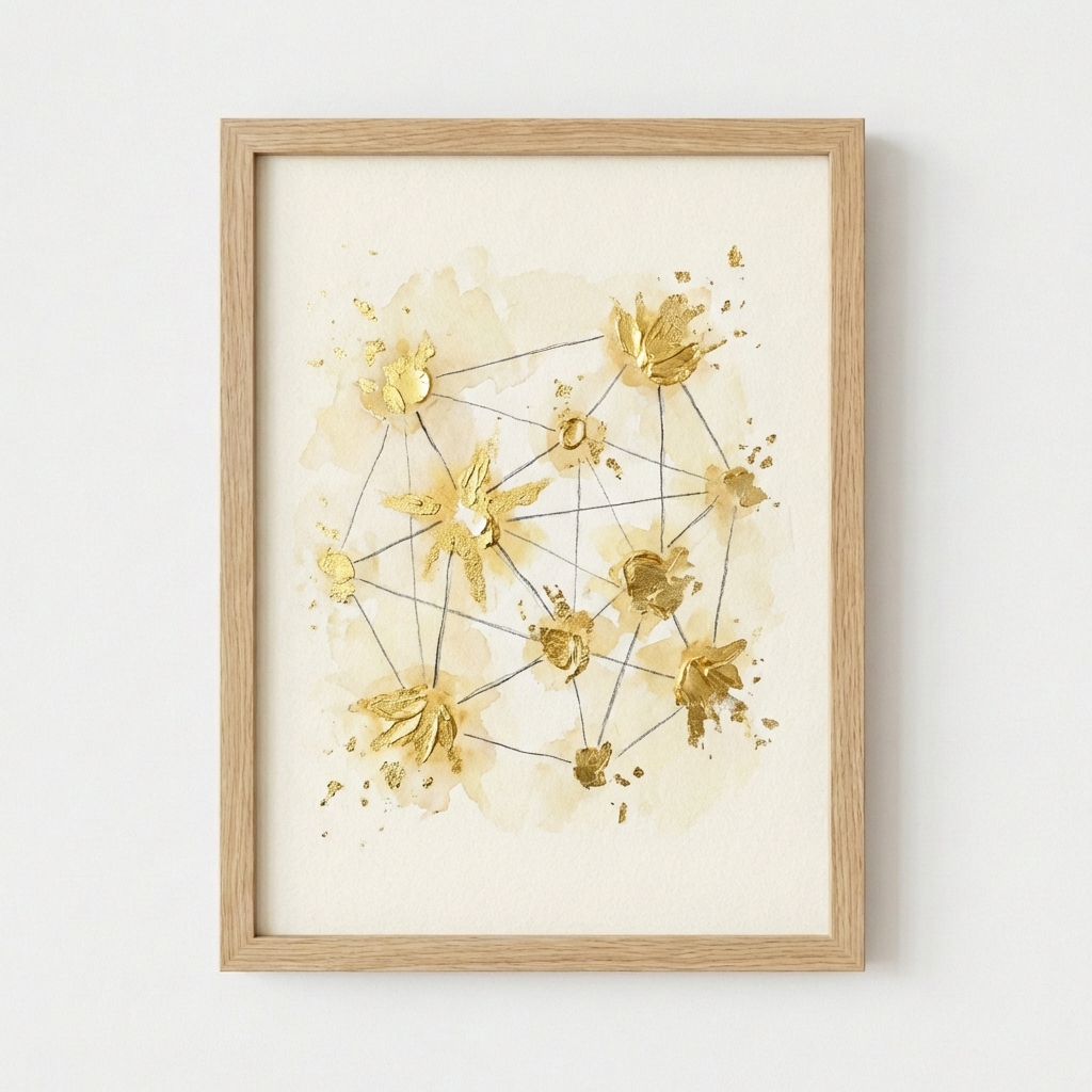 A minimalist abstract painting showing a network of golden pulses representing a community of high-intent individuals