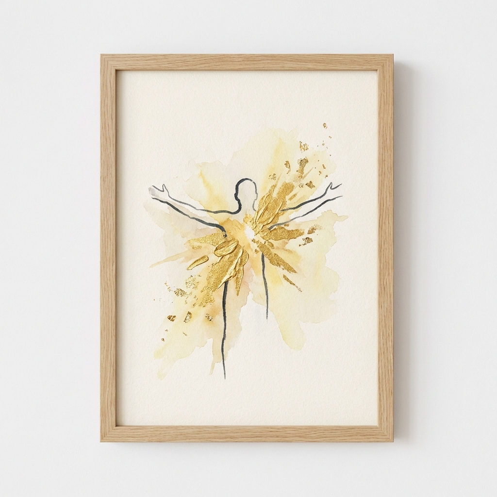 A minimalist abstract painting of a man with an open posture and a radiant golden burst, representing clarity and joy